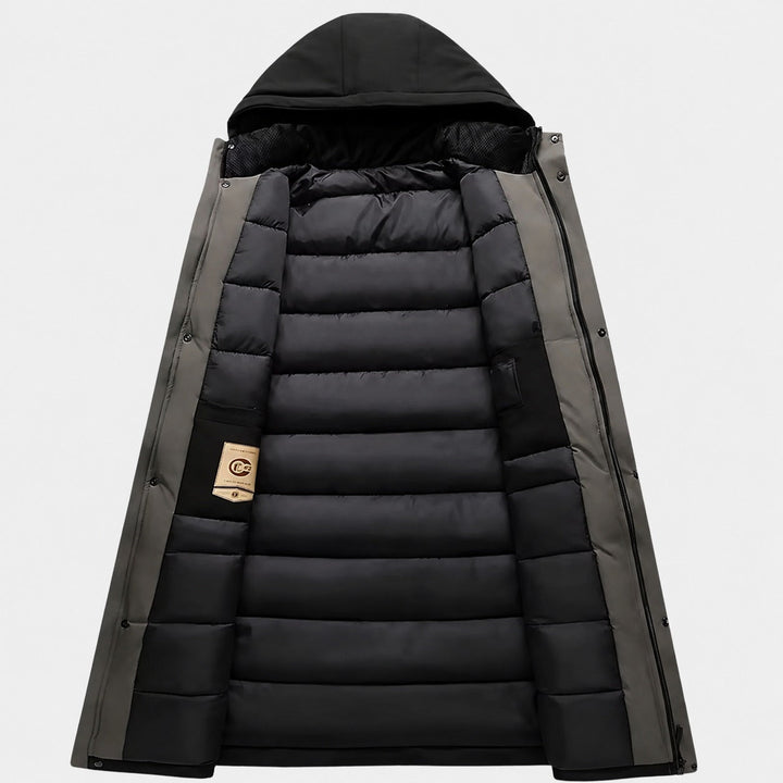 Casaco longo masculino para inverno rigoroso, quente e com capuz ajustável, perfeito para moda e proteção.