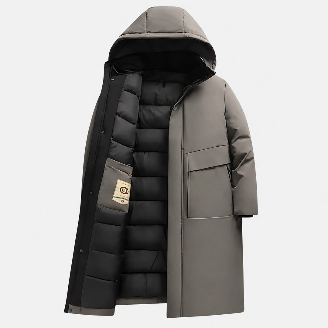 Casaco de inverno masculino com capuz, longo e quente, para proteção e estilo no frio. Roupa essencial.