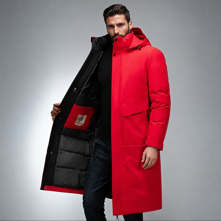 Elegante casaco longo masculino para inverno, com capuz e estilo moderno. Roupa de inverno essencial.