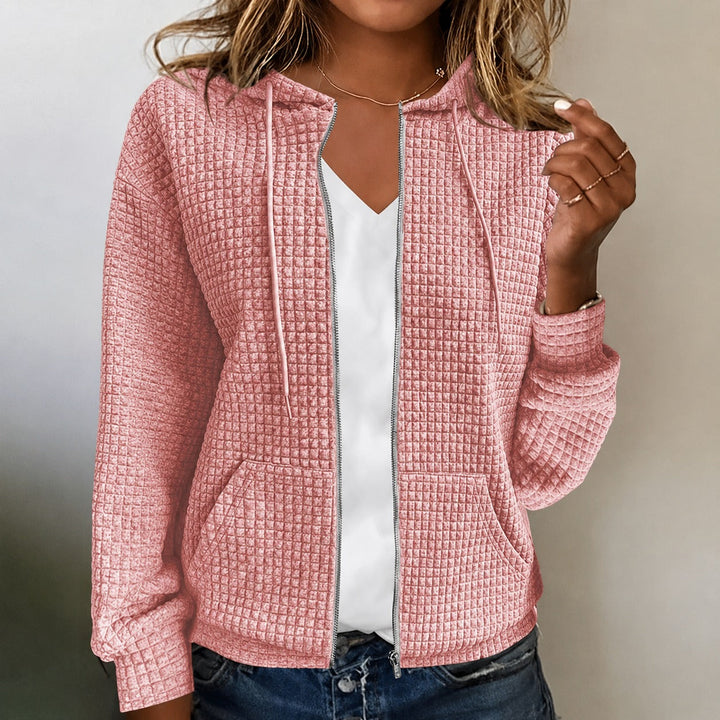Jaqueta feminina com capuz, cardigan waffle confortável e elegante, ideal para outono e inverno casual.
