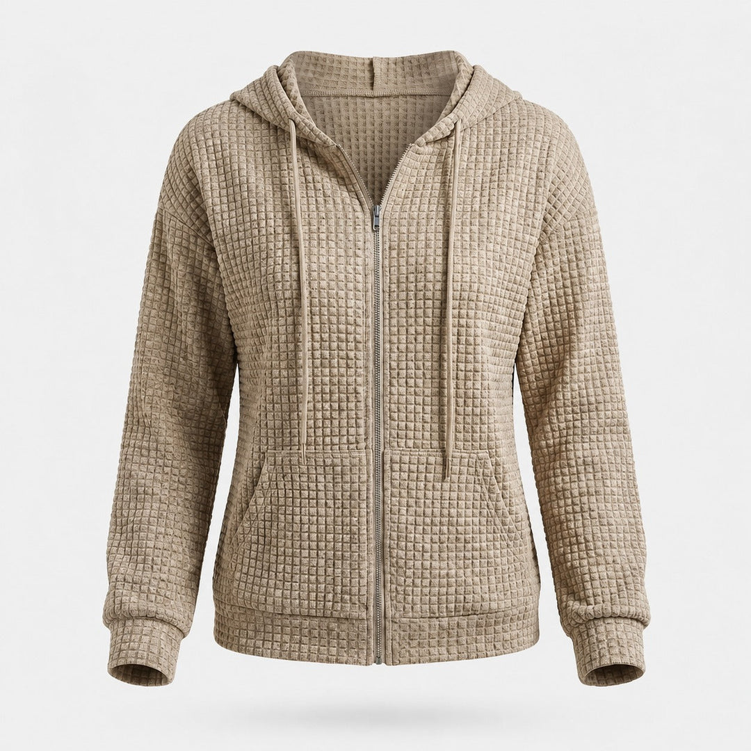 Cardigan jaqueta feminina de capuz, textura waffle para conforto e estilo casual moderno. Versátil no inverno.