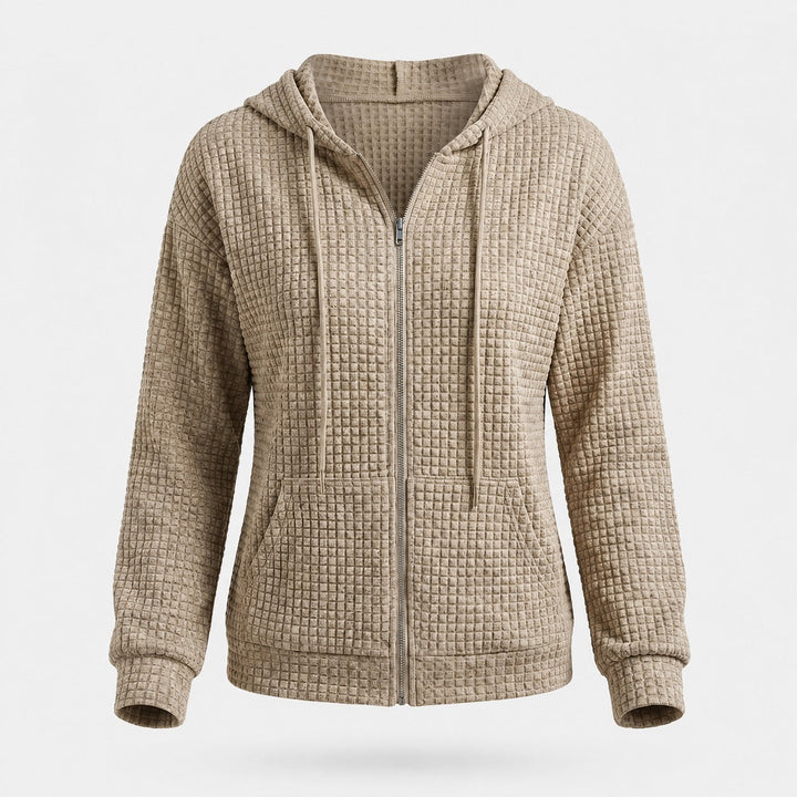 Cardigan jaqueta feminina de capuz, textura waffle para conforto e estilo casual moderno. Versátil no inverno.