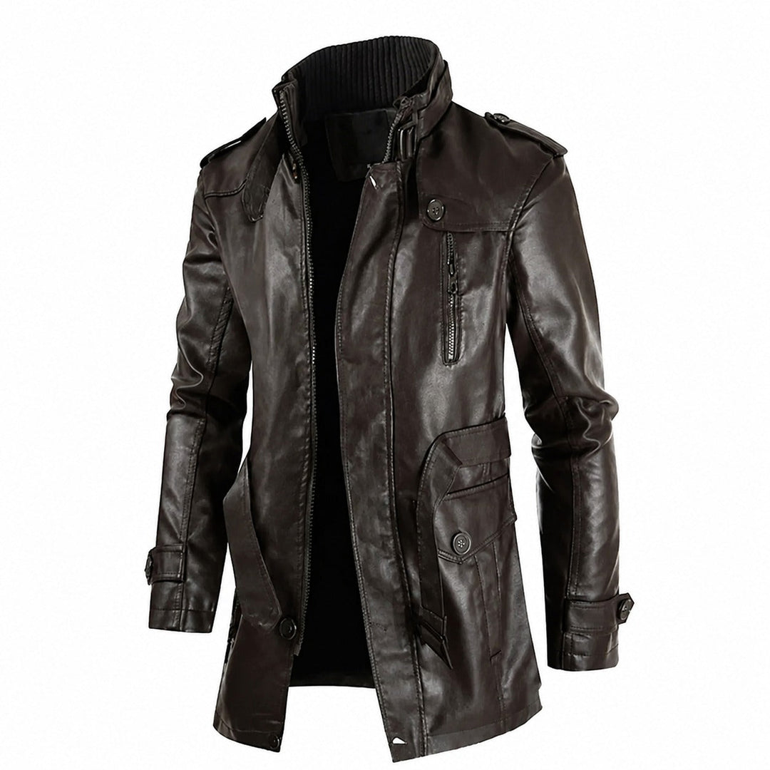 Casaco masculino durável marrom para inverno, ideal para proteção contra o frio e estilo robusto aventureiro de manga longa.