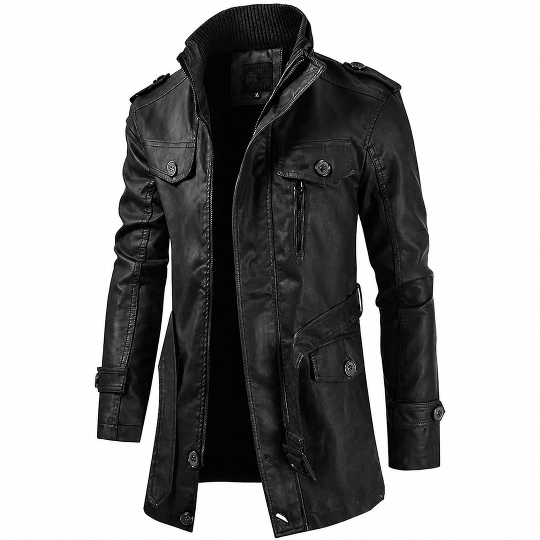 Jaqueta masculina robusta preta para outono/inverno, oferece proteção durável e estilo casual aventureiro com manga longa.