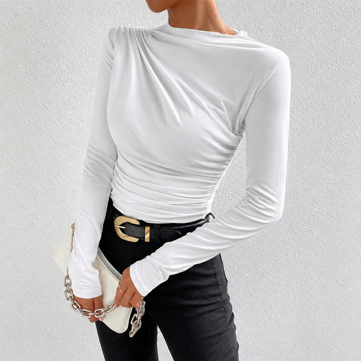 Camiseta feminina casual de manga longa com franzido, perfeita para looks de outono/inverno.