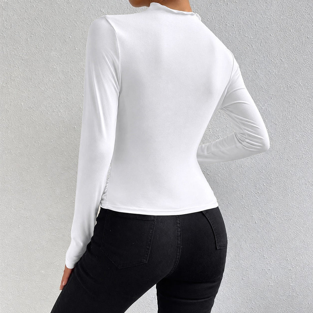 Roupa feminina: blusa de manga longa franzida, estilo elegante e confortável para todas as estações.