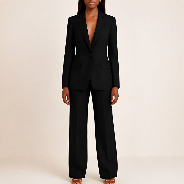 Conjunto de terno feminino elegante: blazer e calça social. Moda outono inverno, perfeito para escritório e versatilidade.
