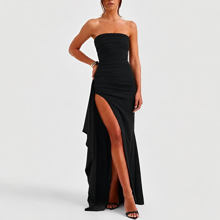 Vestido fashion Aubree para mulheres, detalhe nas costas e fenda, estilo verão e festa. Roupa feminina versátil.