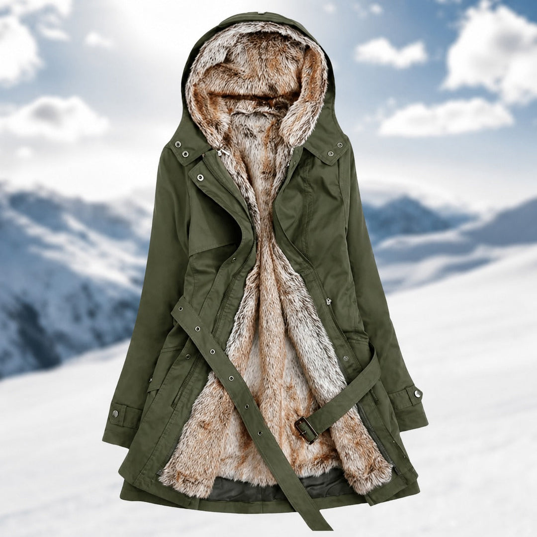 Outerwear feminino de luxo: parka de inverno elegante Hedda. Casaco feminino quente e sofisticado para o frio.