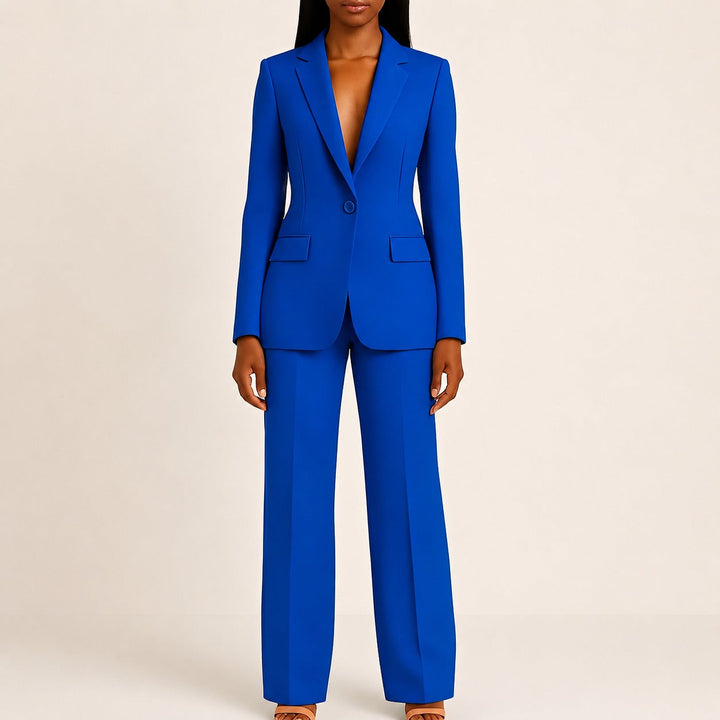 Calça social feminina e blazer elegante. Conjunto de terno mulher para roupa de escritório e moda versátil.