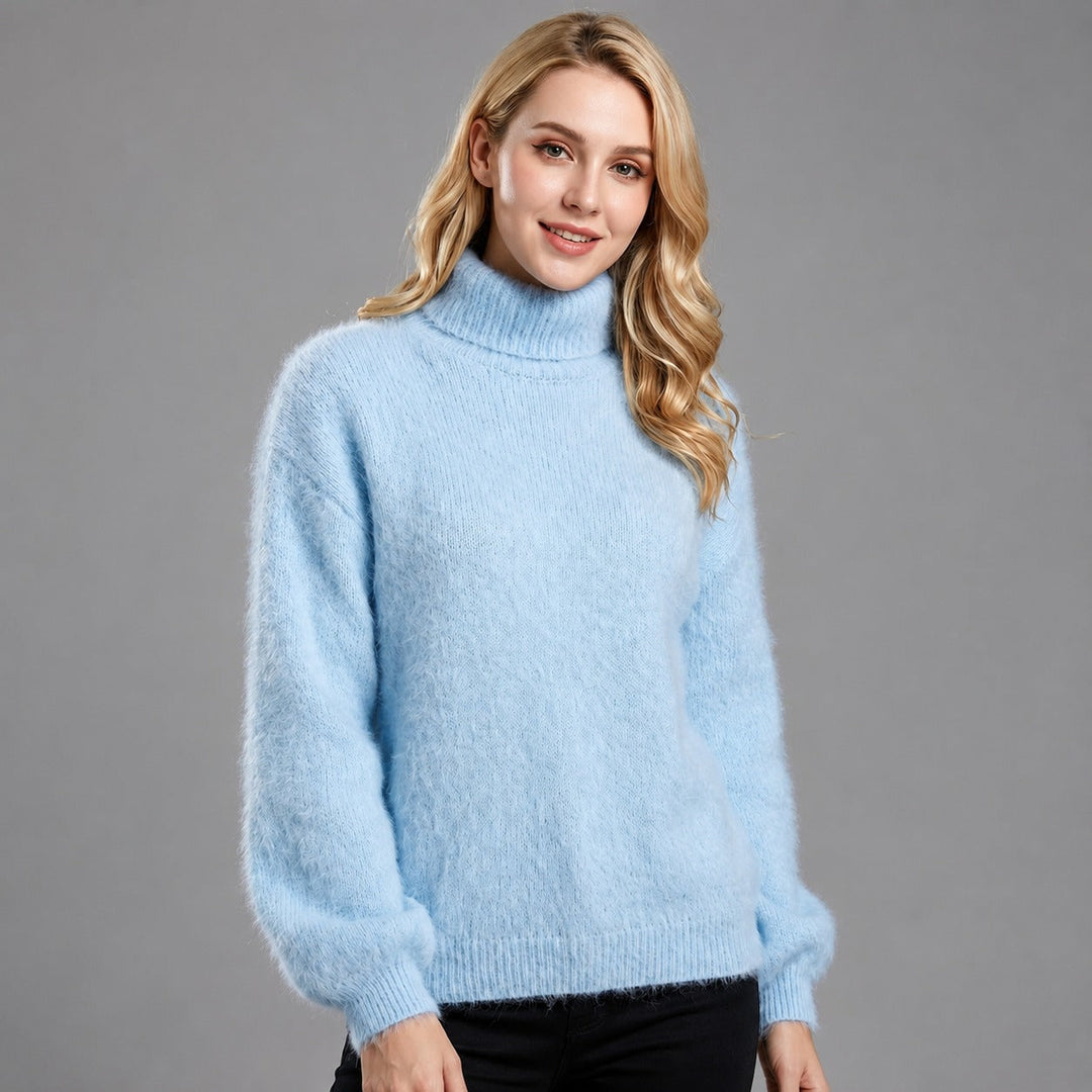 Suéter feminino clássico solto de gola alta, perfeito para inverno e outono. Conforto e moda casual para o dia a dia.