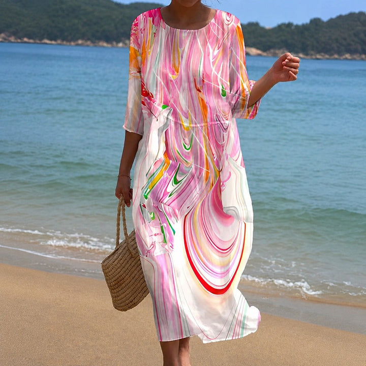 Vestido midi fluido feminino, detalhes elegantes, ideal para verão, festas ou uso diário confortável.