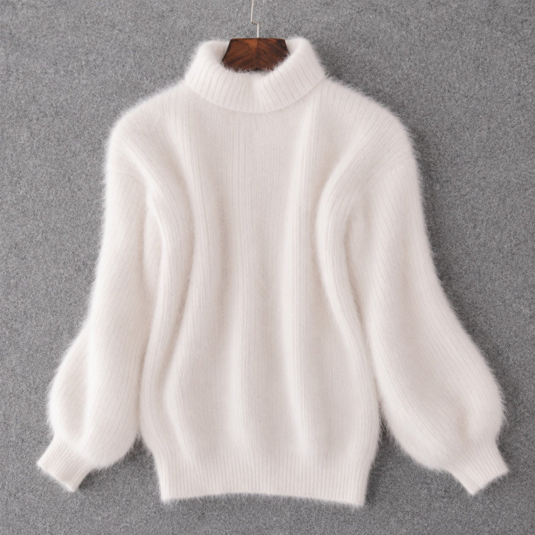 Suéter feminino de gola alta, modelo clássico solto. Pulôver quente e confortável para outono e inverno.