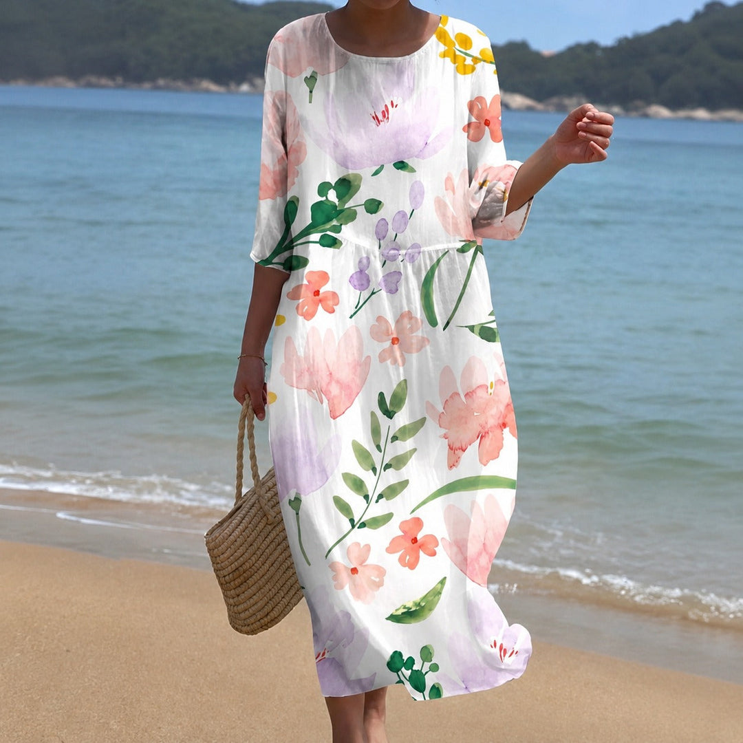 Vestido midi feminino, design fluido e confortável, essencial para o verão, com toque de elegância.