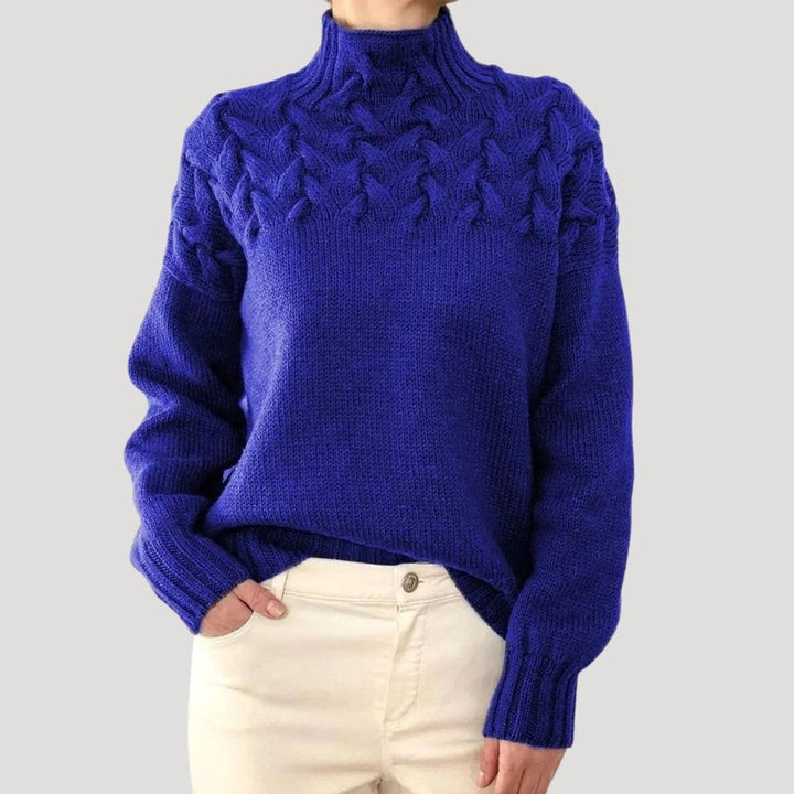 Camisola de malha feminina elegante, gola alta com tranças delicadas para o outono inverno.