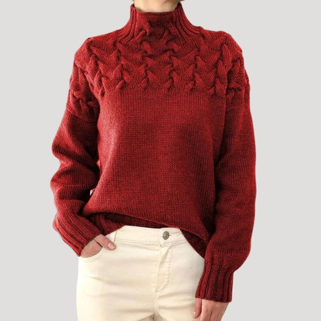 Tendência outono inverno: Camisola feminina de malha com gola alta e tranças, um clássico elegante e aconchegante.