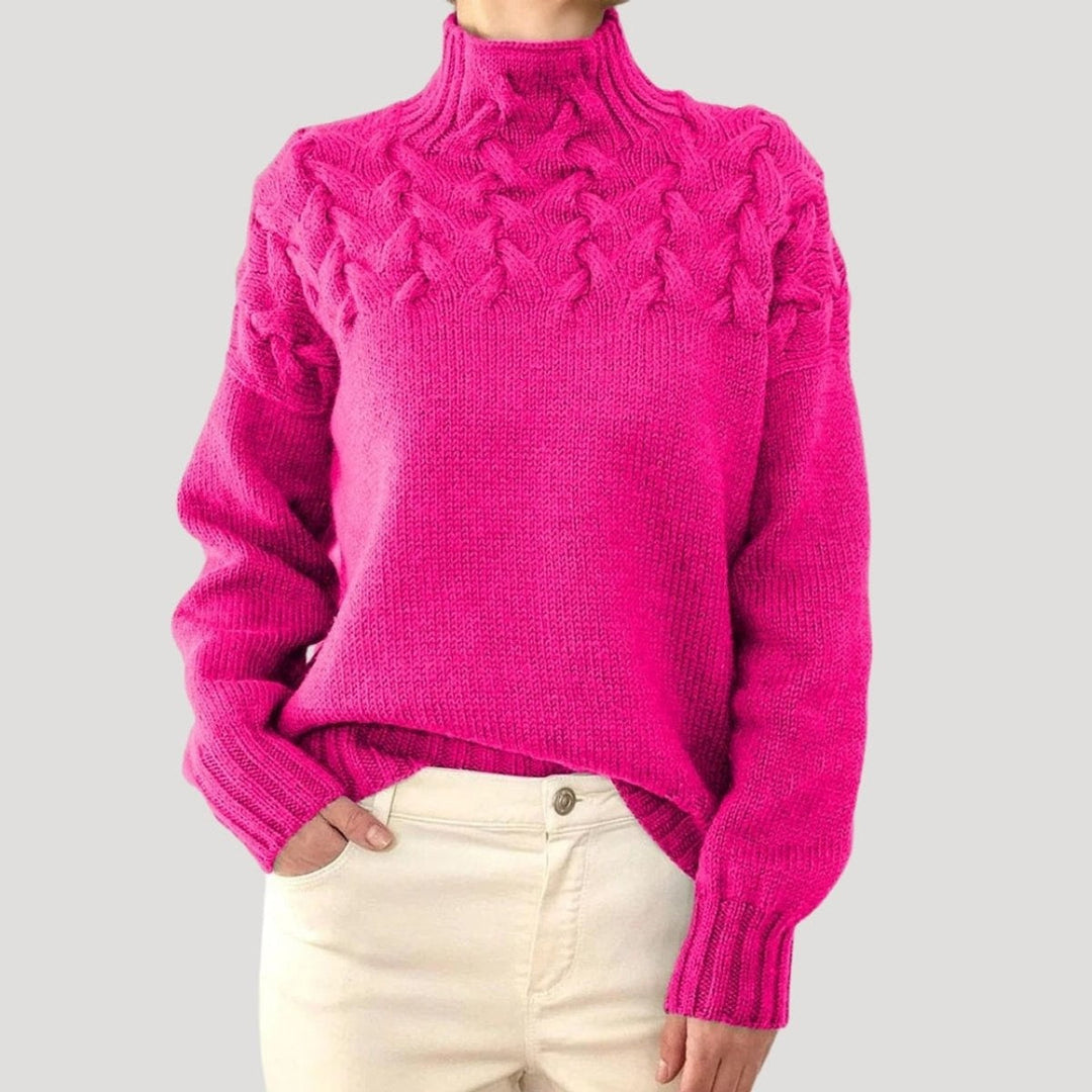 Moda feminina: Camisola de malha gola alta com tranças, peça versátil para um look elegante e quente.