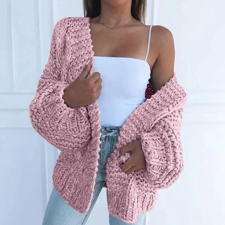 Casaco de malha chunky feminino oversize aberto. Ideal para o inverno e outono, estilo casual e confortável.