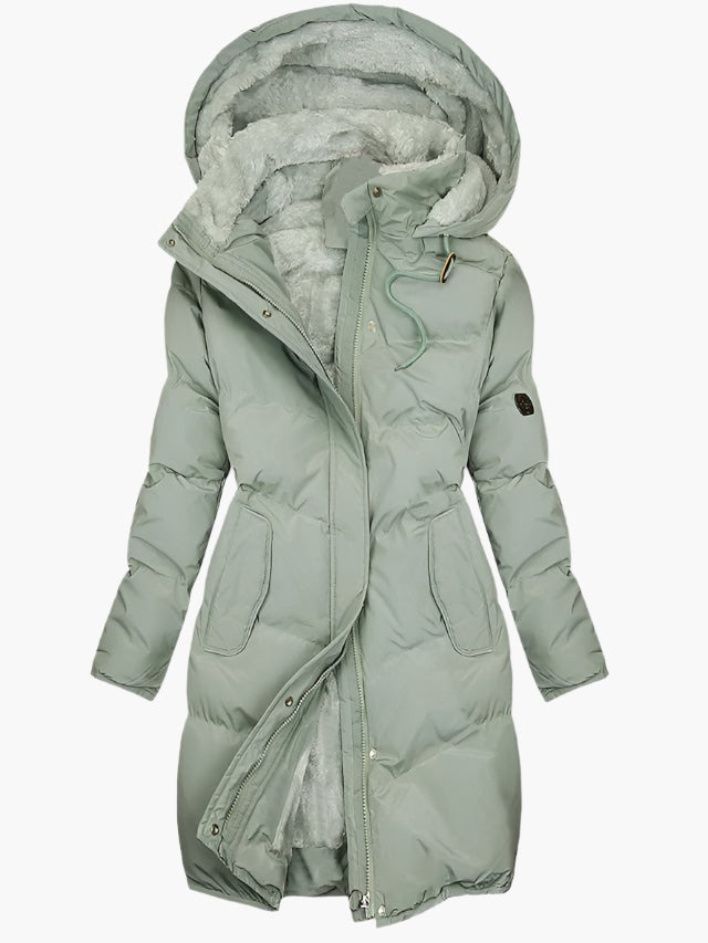 Casaco feminino acolchoado longo com capuz, ideal para neve e inverno rigoroso. Quente e elegante.