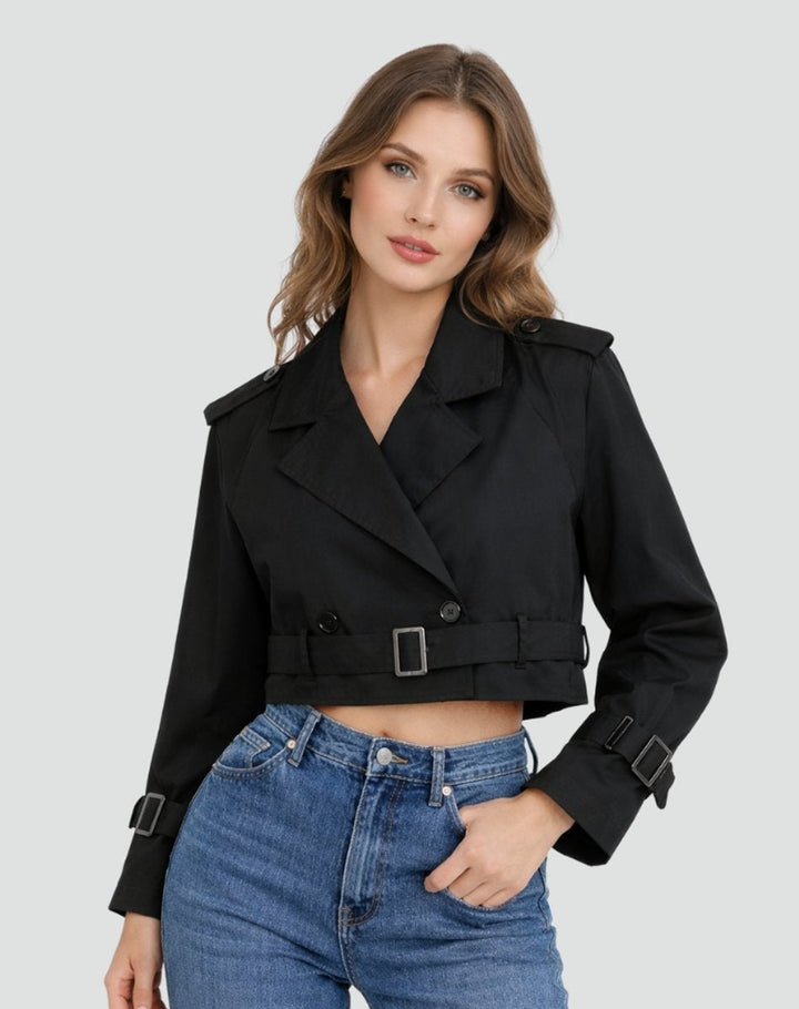 Gabardina curta feminina, casaco elegante com cinto ajustável, ideal para primavera e outono.