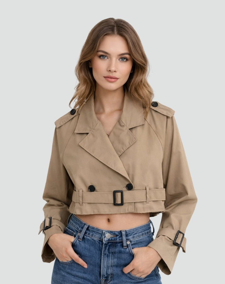 Casaco gabardina curta elegante para mulher, com cinto ajustável na cintura, moda de primavera/outono.