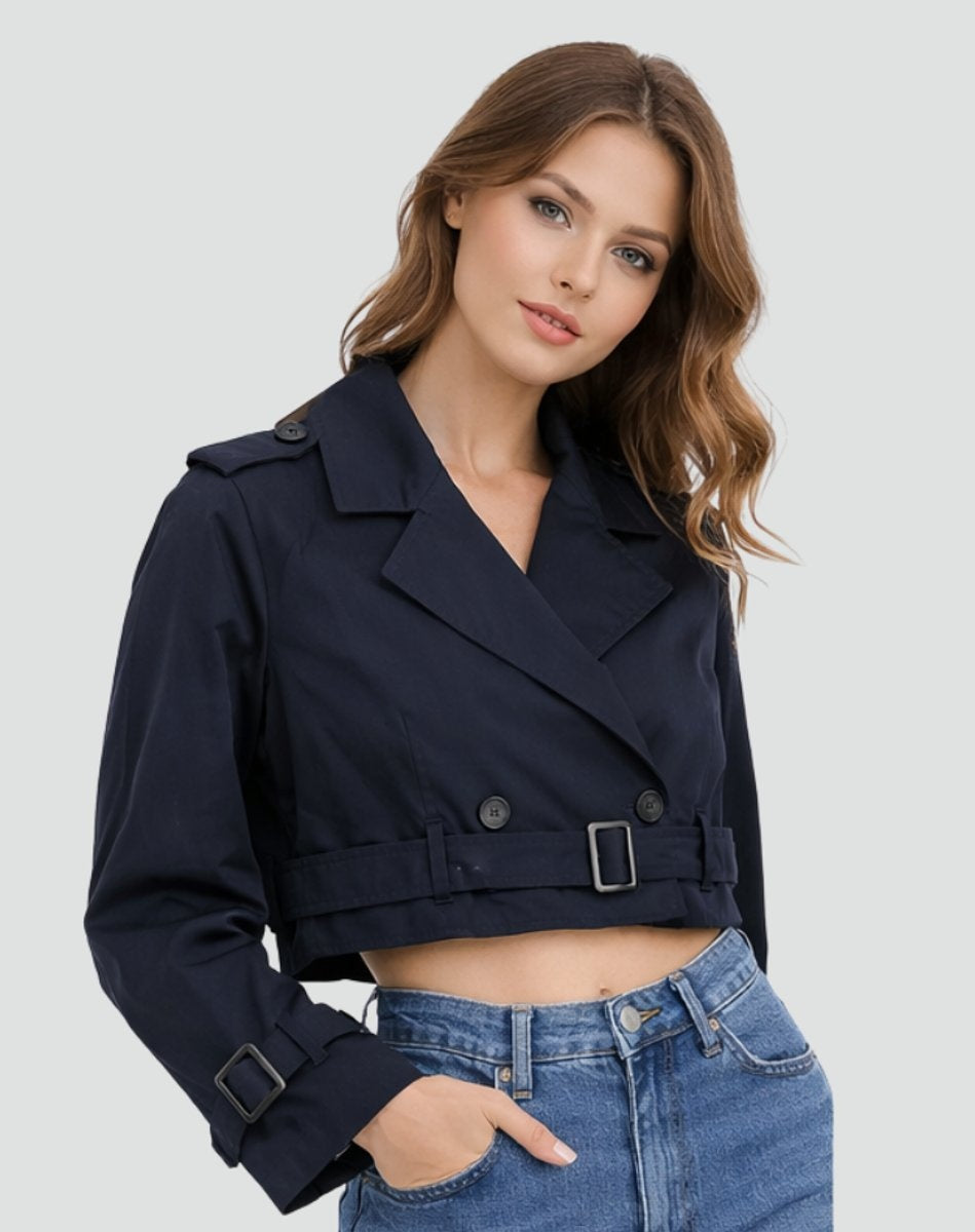 Gabardina curta de outono/primavera para mulher, com cinto ajustável, casaco elegante e versátil.