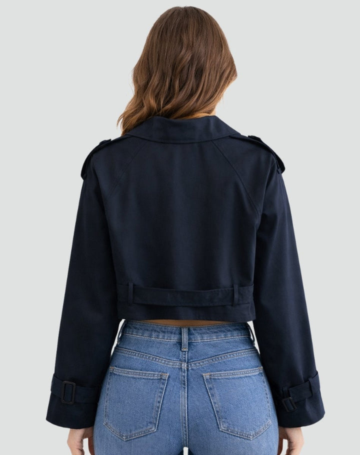 Gabardina feminina curta, estilo elegante e casual com cinto ajustável, perfeita para a moda da primavera.