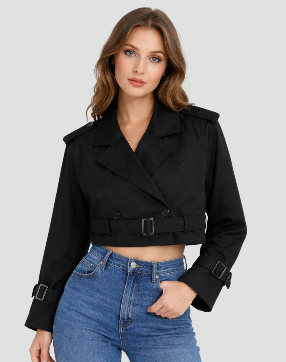 Elegante gabardina curta para mulher, com cinto ajustável, perfeita para a moda casual de primavera.