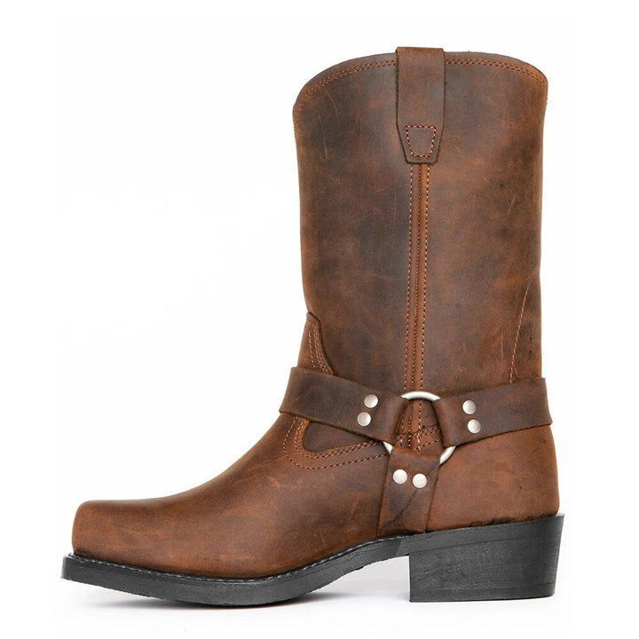 Botas cowboy femininas de couro genuíno, cano alto, estilo western. Perfeitas para moda inverno e looks versáteis.