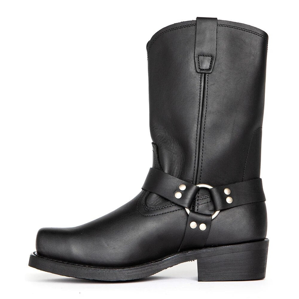 Botas femininas estilo western de couro robusto com cano alto, ideais para um look elegante e versátil de outono/inverno.