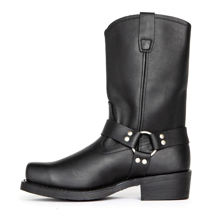Botas femininas estilo western de couro robusto com cano alto, ideais para um look elegante e versátil de outono/inverno.