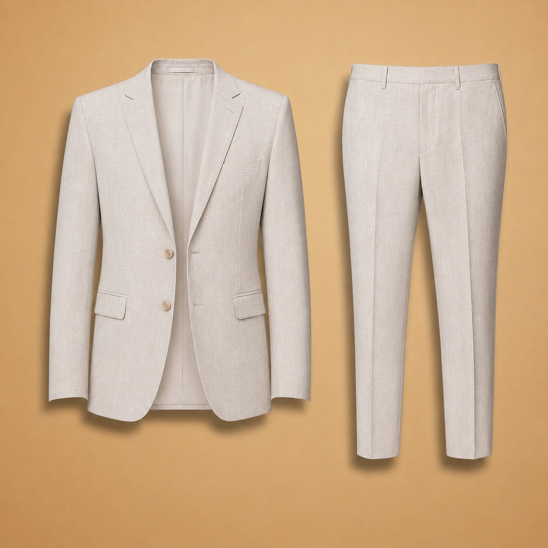Fato de linho masculino slim fit em duas peças. Elegante para eventos de verão e casamentos.