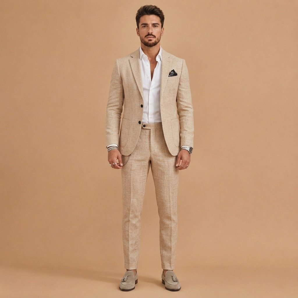 Fato de linho moderno e slim fit para homem. Conjunto de duas peças para um estilo de verão elegante e atual.