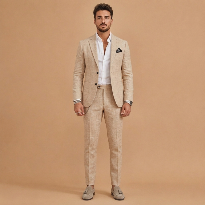 Fato de linho moderno e slim fit para homem. Conjunto de duas peças para um estilo de verão elegante e atual.