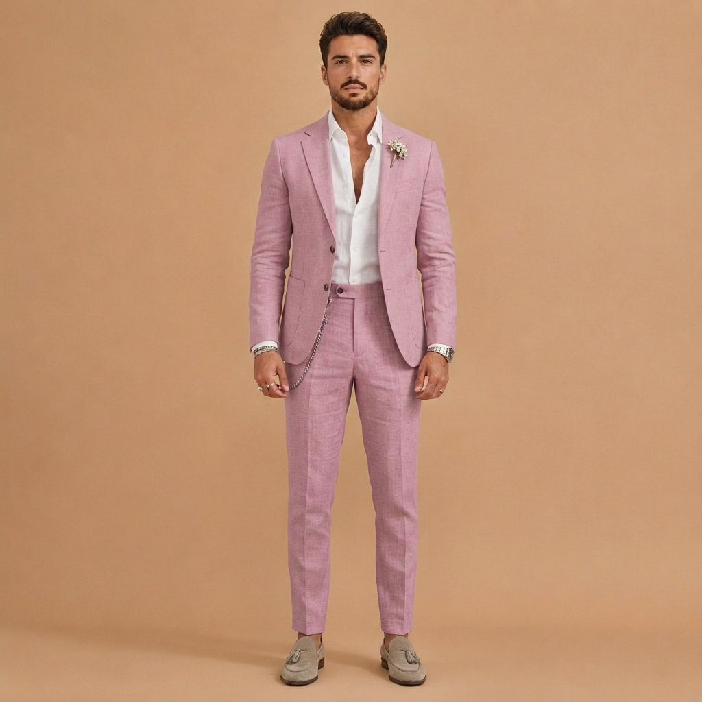 Fato de linho homem slim fit, duas peças. Ideal para casamento, verão e moda masculina formal e respirável.