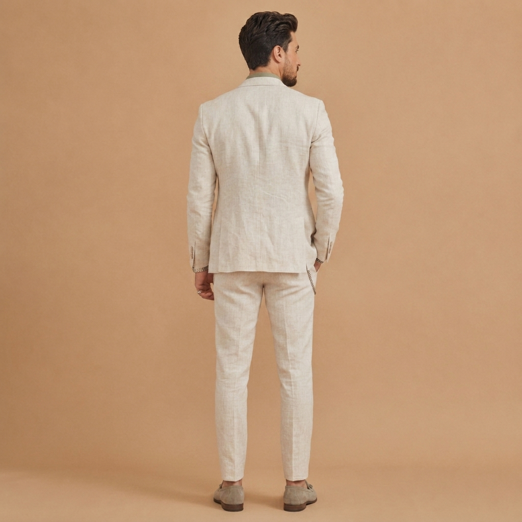 Fato de linho respirável e confortável para homem. Design slim fit, duas peças, ideal para o verão.
