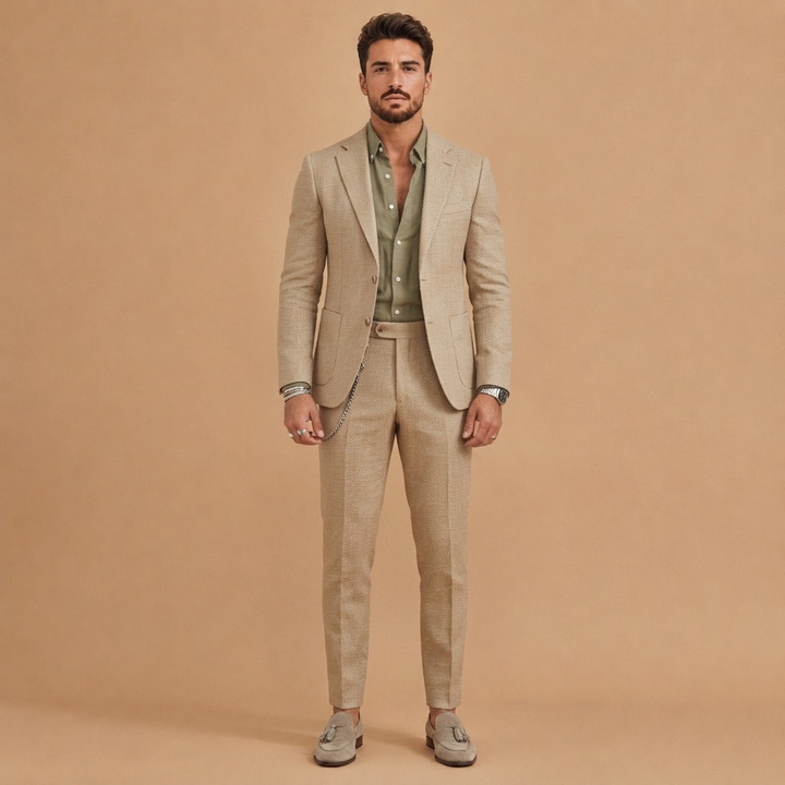 Conjunto de fato de linho slim fit para homem. Duas peças (blazer e calças), perfeito para um verão elegante.