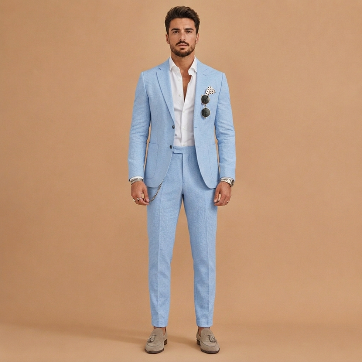 Fato de linho elegante e sofisticado para homem, slim fit. Duas peças, ideal para casamentos e eventos formais.