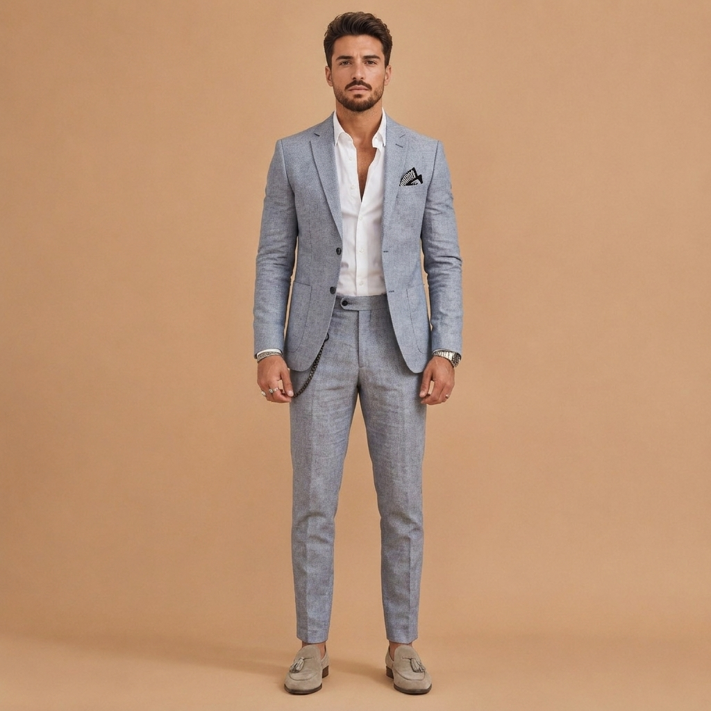Fato de linho masculino slim fit, versátil. Duas peças para um look elegante e casual chic no verão.