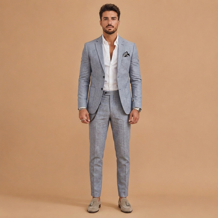 Fato de linho masculino slim fit, versátil. Duas peças para um look elegante e casual chic no verão.