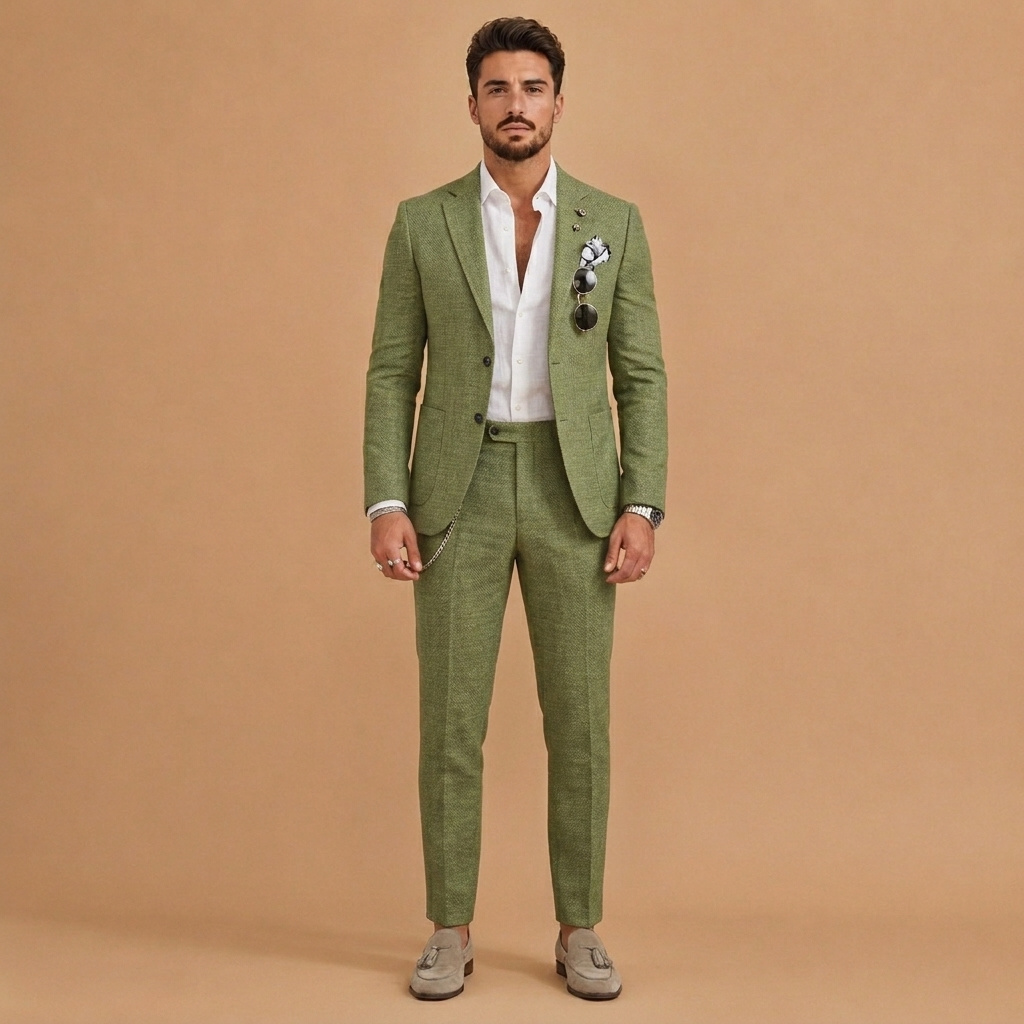 Fato de linho formal e moderno para homem, slim fit. Duas peças, ideal para escritório ou eventos de verão.