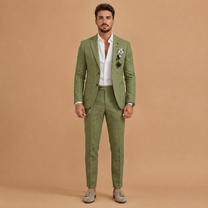 Fato de linho formal e moderno para homem, slim fit. Duas peças, ideal para escritório ou eventos de verão.