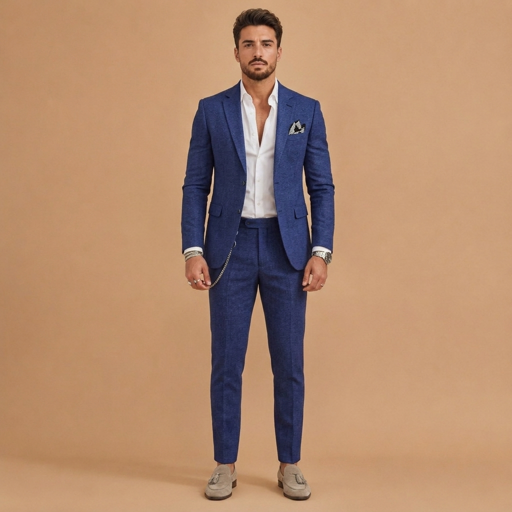 Fato de linho de textura leve para homem, slim fit. Duas peças, oferece conforto e elegância no verão.