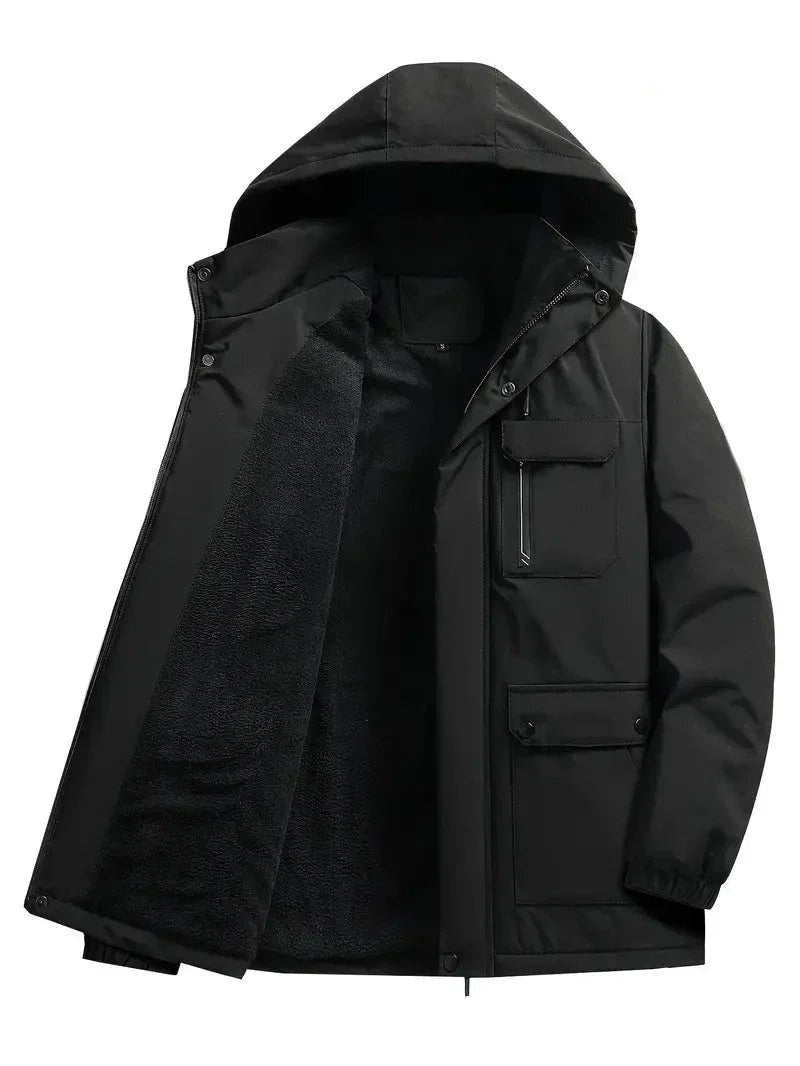 Parka masculina impermeável com capuz e forro polar, ideal para o inverno e frio extremo.