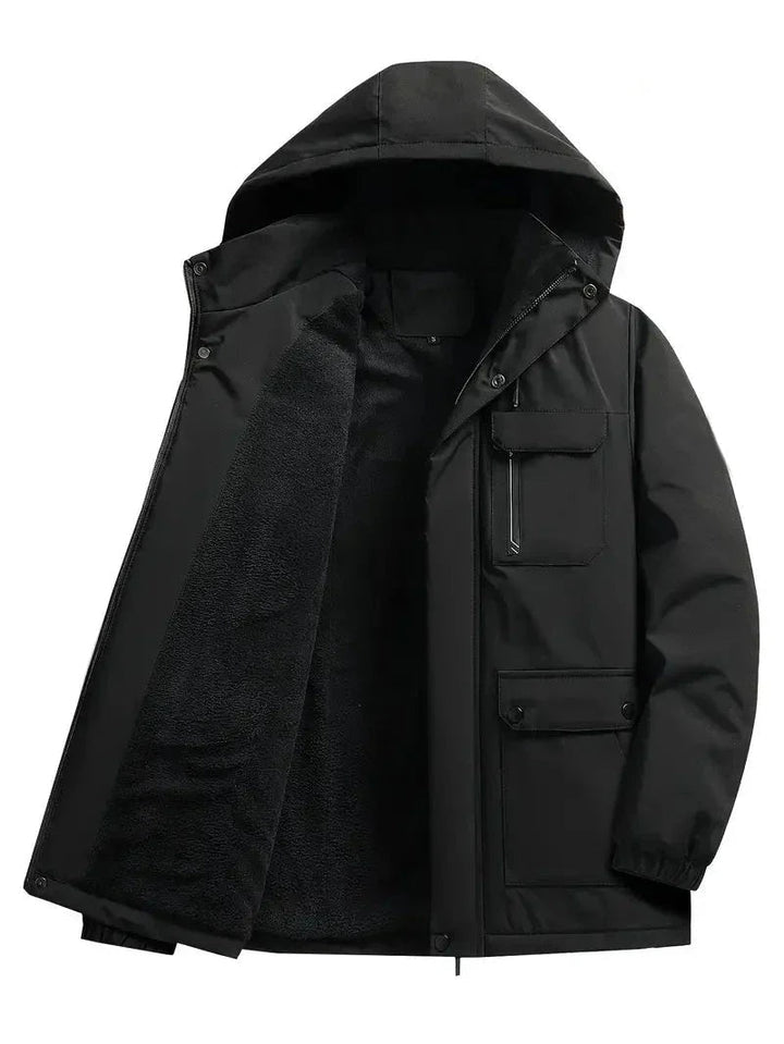 Parka masculina impermeável com capuz e forro polar, ideal para o inverno e frio extremo.