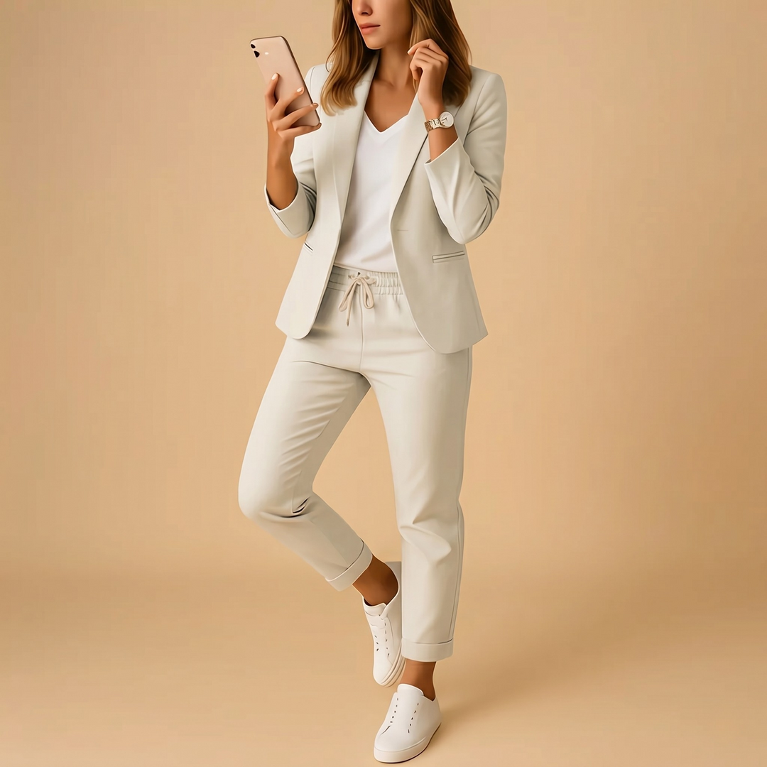 Conjunto feminino elegante de blazer e calças, perfeito para o escritório. Estilo profissional e moda executiva versátil.