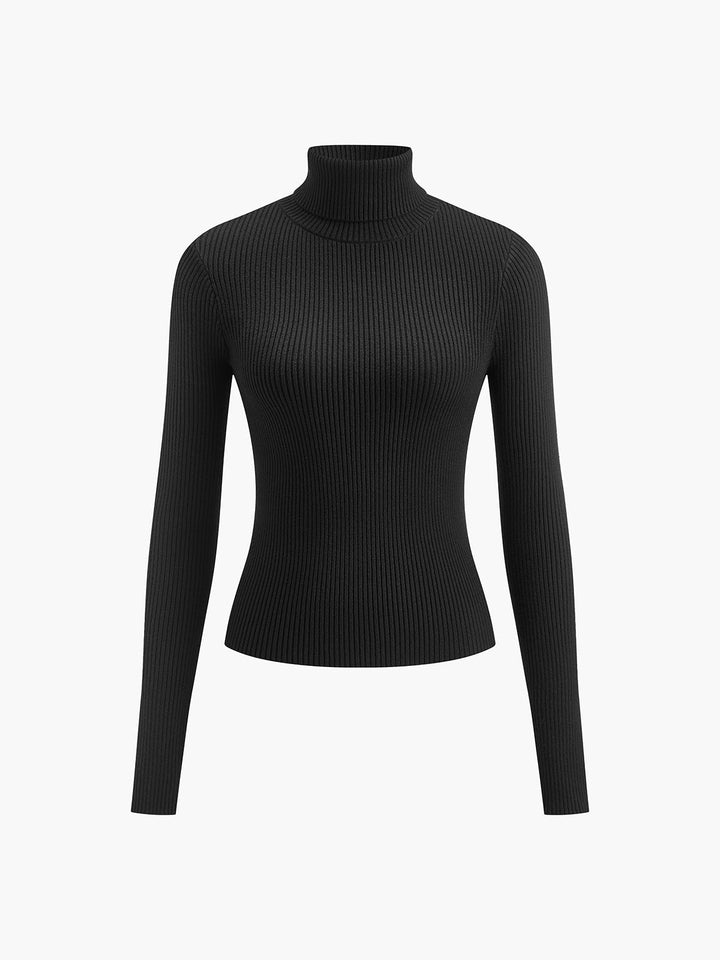 Camisola casual elegante feminina de malha canelada. Gola alta e manga comprida, ideal para outono.