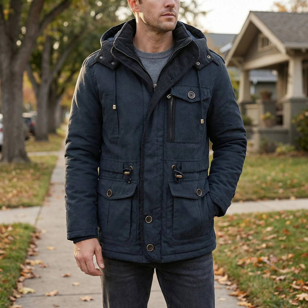 Parka masculina preta com capuz removível e múltiplos bolsos, ideal para inverno e outono.