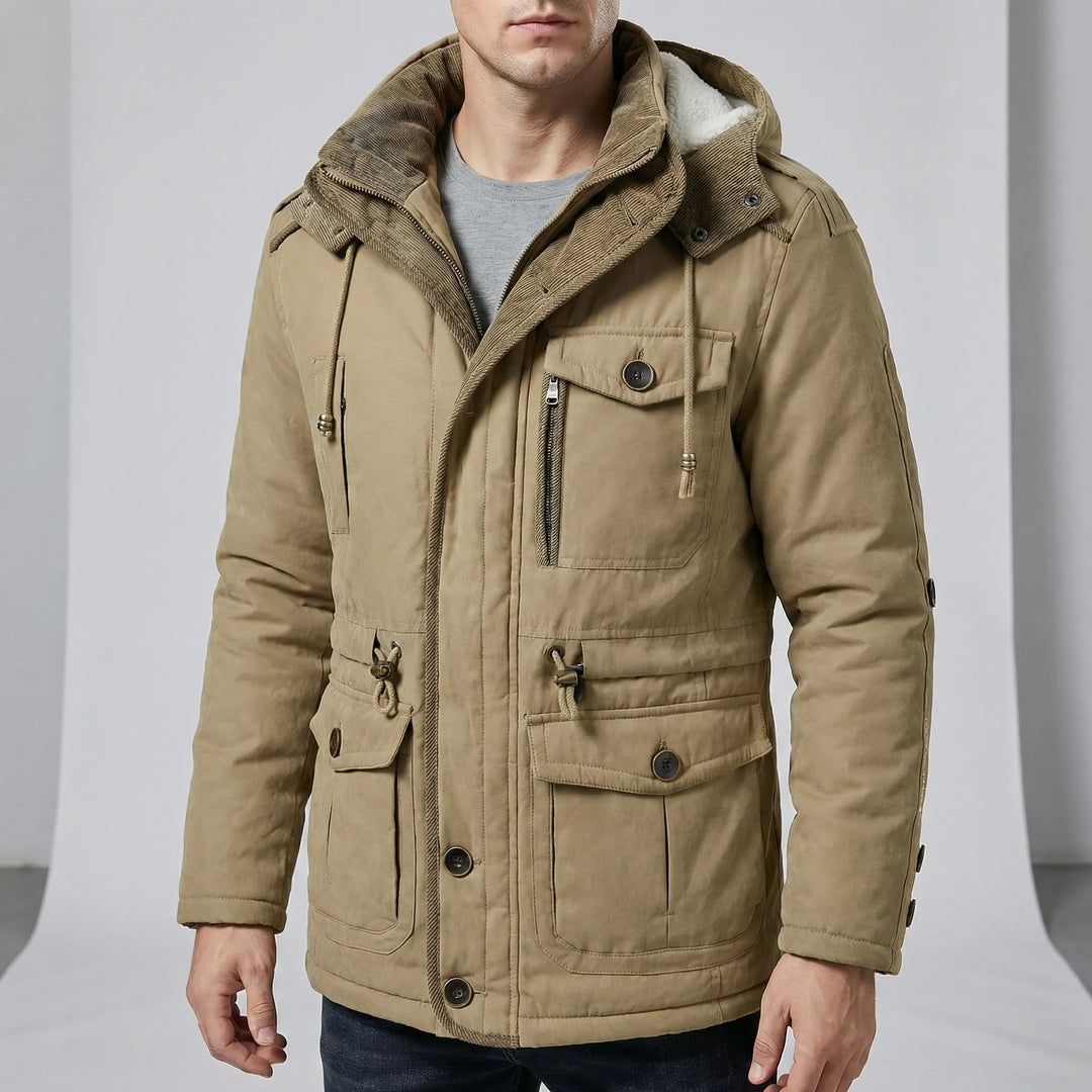 Parka masculina resistente ao vento e frio, com capuz removível, perfeita para outono/inverno.