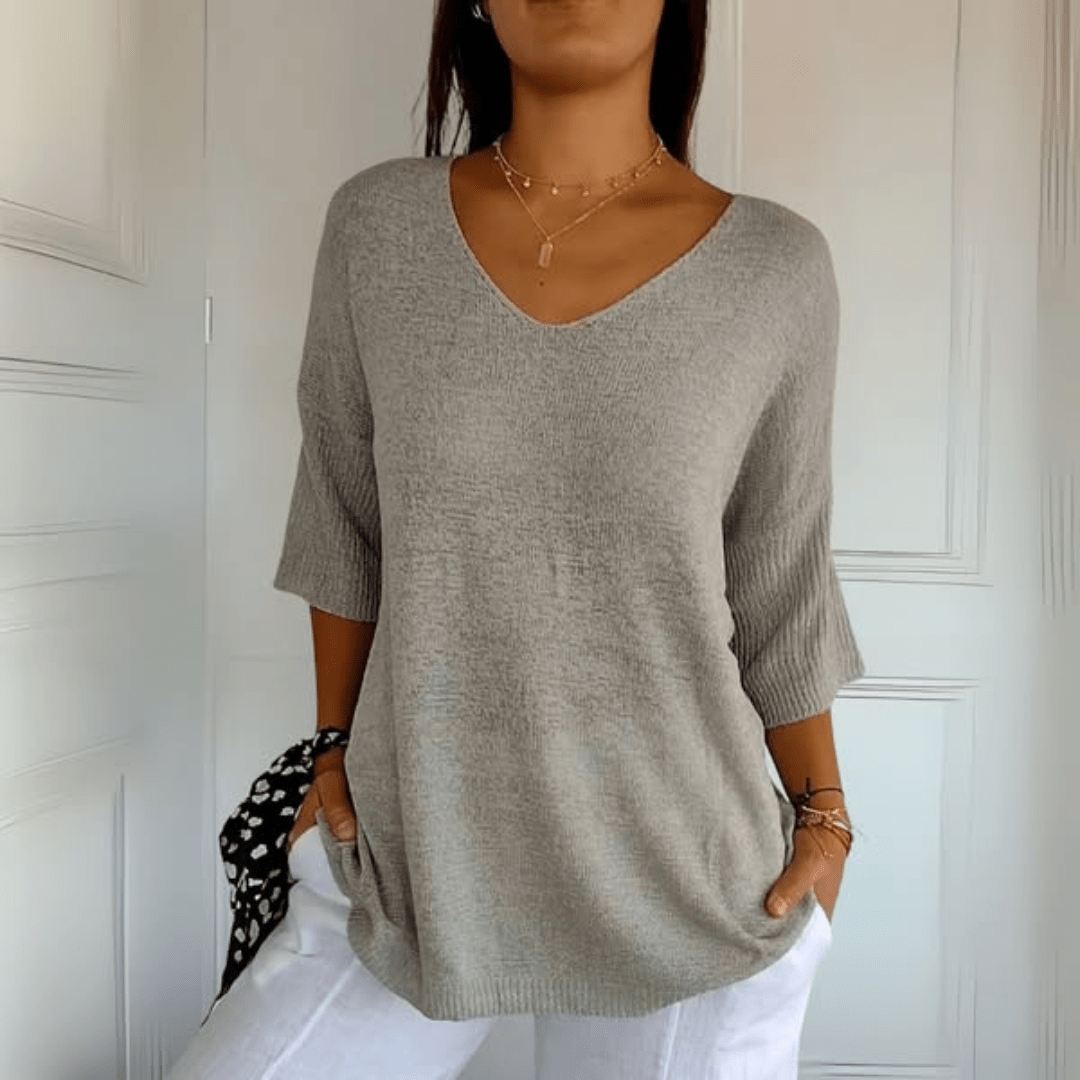 Blusa feminina elegante decote V. Versátil para o dia a dia, moda confortável para a mulher moderna.